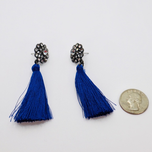 Long Blue Tassel Earrings Fringe Crystal Statement Earrings Chic Fashion Black - Picture 3 of 3